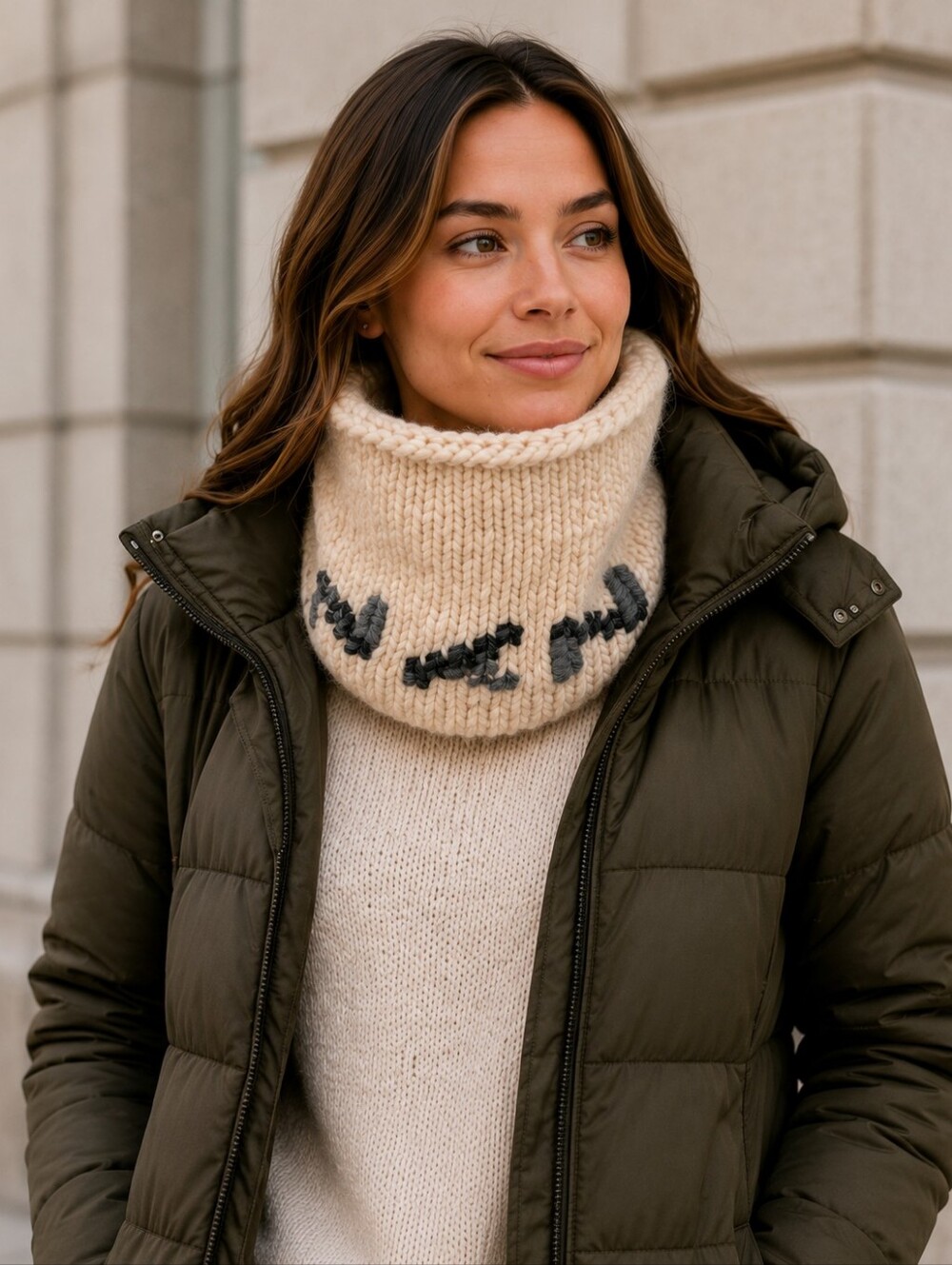 100% Wool and the Gang‎ Chunky Knit Cowl Neck Circle Scarf Cream Grey Handmade